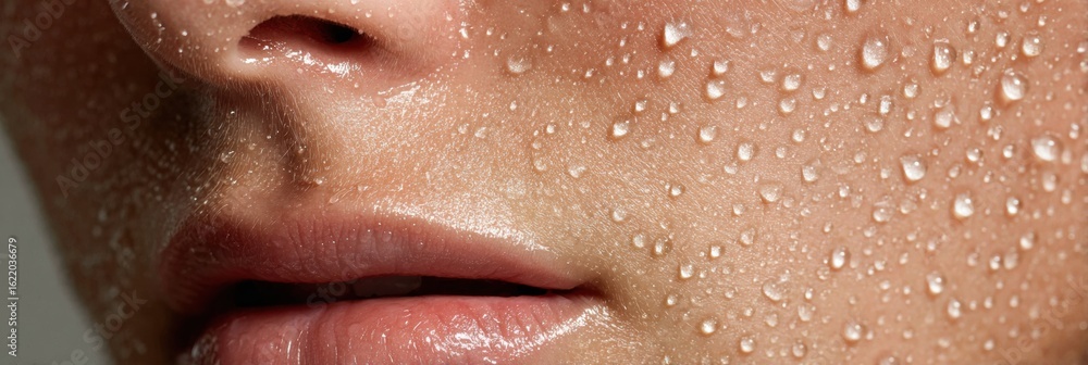 Fototapeta premium Purified Face Skin Close-Up With Water Droplets Showcasing Freshness and Hydration in a Minimalistic Style