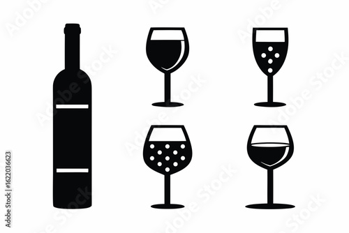 set of Wine and Glass icon silhouette vector illustration