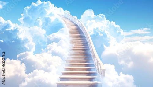 A curved stairway ascends through fluffy white clouds into a bright blue sky