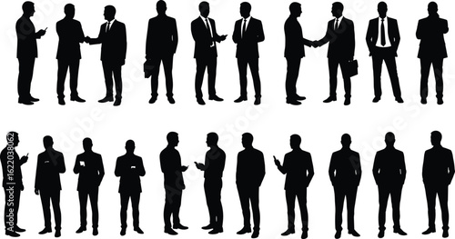 Businessmen silhouettes collection, professional male figures in suits, corporate communication poses, handshake and discussion icons, office teamwork vector set