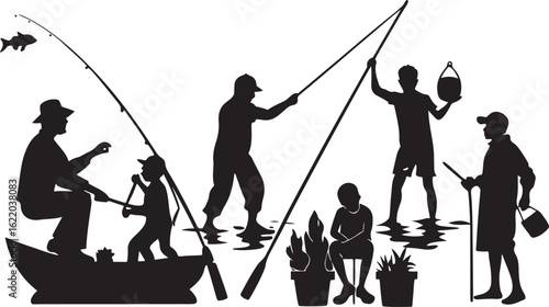 Silhouette illustrations of a man and a woman in various recreations like fishing, golf, skiing, and tightrope walking