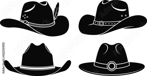 Silhouette cowboy hats vector set, western style headwear icons, vintage country fashion design, rodeo symbol collection for illustration and decor.