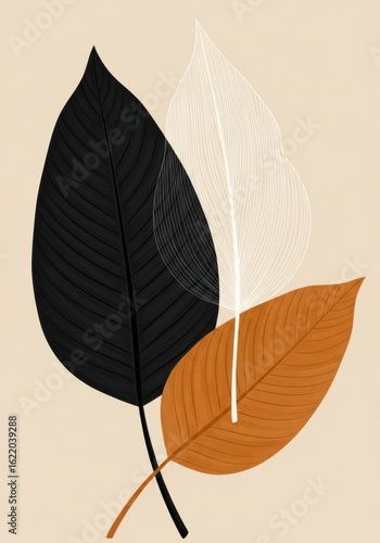 Abstract illustration of three stylized leaves in black, white outline, and warm orange on a neutral beige background