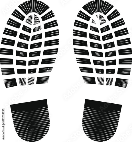Black and white imprint of heavy duty boot footprints on a white background