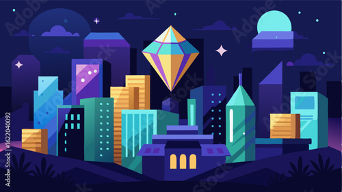 The city sparkles at night like a jewel set against the dark sky with its litup landmarks and bustling streets.