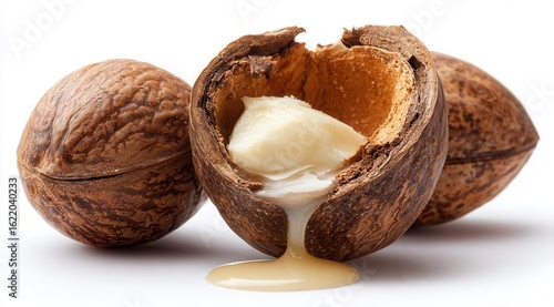 Vibrant photo of shea butter dripping from open shea nut.