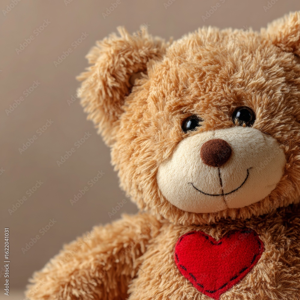 Fototapeta premium Cute plush teddy bear with heart on soft fabric surface