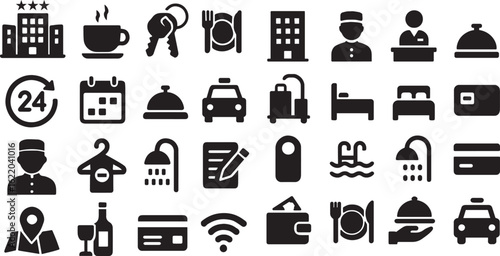 Collection of minimalistic black and white vector icons representing hotel, hospitality, and travel services for mobile apps, websites, and print materials.