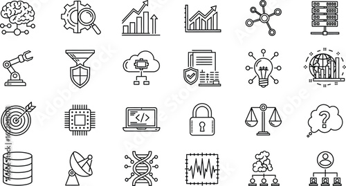 Vector art of collection of technology and data icons, showcasing brain, gear, graph, molecule, robot, funnel, document, bulb, target, chip, laptop, padlock, scale, question