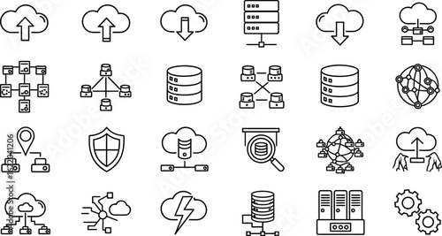 Vector art of collection of cloud computing and networking icons, depicting data storage, server connections, and various technology related symbols in a simple, linear style