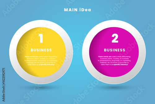 Infographic features two bold, circular banners with vibrant yellow and magenta color schemes representing steps 1 and 2 in a business process vector illustration