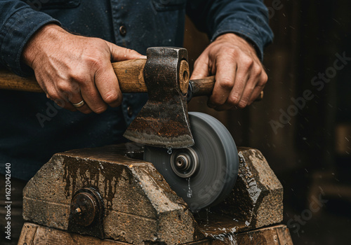 Close up of hands sharpening an axe on a grinding wheel with water in a rustic setting