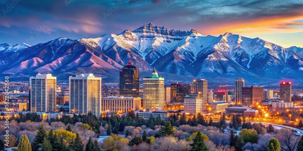 Fototapeta premium Panoramic shot of Salt Lake City skyline at dusk with Wasatch Range Mountains in the background