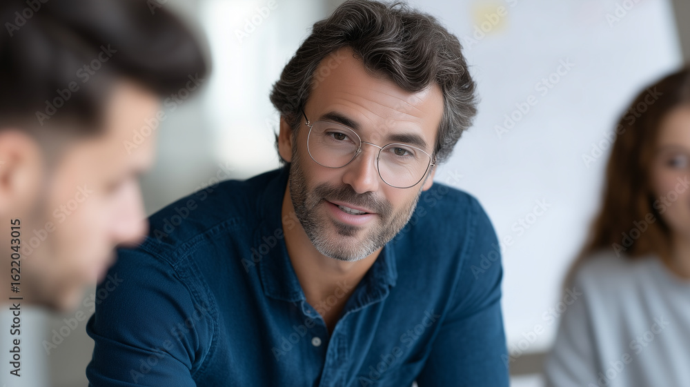 Obraz premium Confident business professional with glasses discussing project strategy in modern office environment