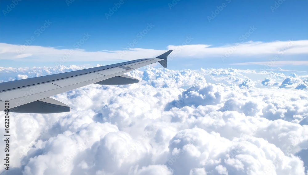 Fototapeta premium Airplane wing above a vast expanse of fluffy white clouds under a brilliant blue sky