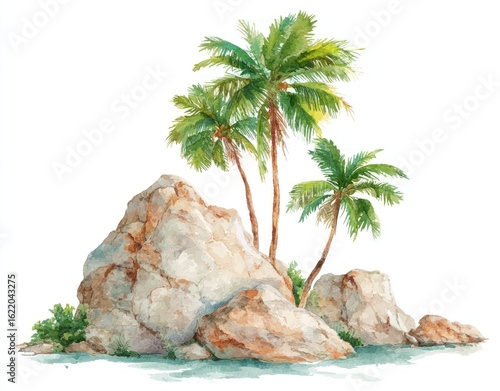 Watercolor illustration of a tropical island with palm trees and rocks