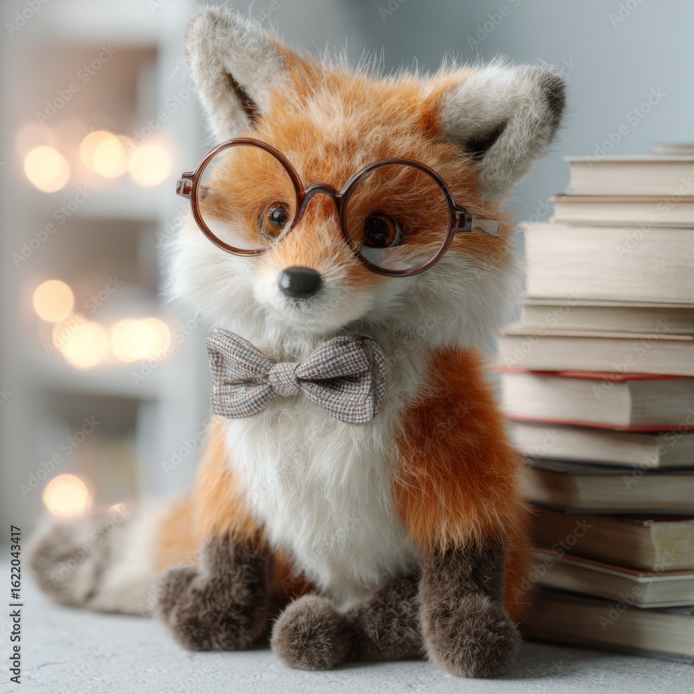 Obraz premium Cute fox character wearing glasses and bow tie beside stacked books