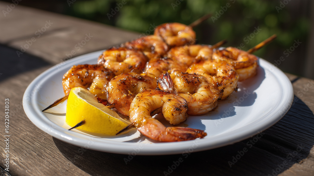 Juicy grilled shrimp skewer with lemon wedge on white plate, outdoor setting, summer, delicious and appetizing Juicy grilled shrimp skewer with lemon wedge on white plate, outdoor setting, summer, delicious and appetizing