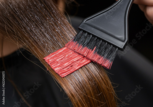 Close-Up of Red Hair Dye Being Applied to Brown Hair with Black Brush