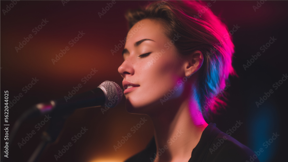 Medium long shot of female musician with microphone, closed eyes, colorful lighting, emotional performance Medium long shot of female musician with microphone, closed eyes, colorful lighting, emotional performance