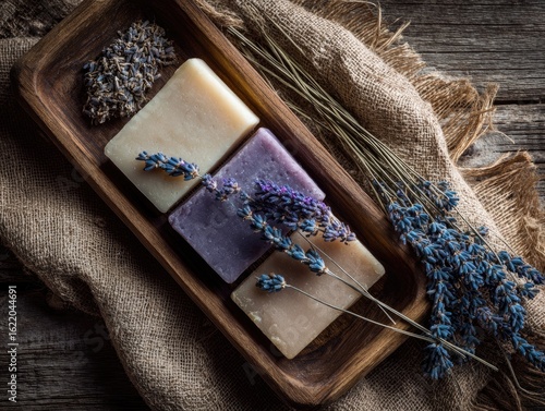 Lavender and Handmade Soap on Wooden Tray with Burlap Texture