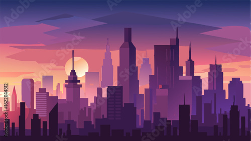 The hazy hues of a city skyline at dusk the bustling metropolis calmed by the gentle descent of night.
