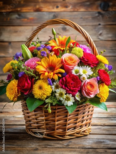 Colorful arrangement of fresh flowers in a wicker basket