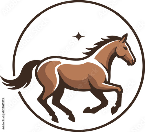 Stylized brown horse with white markings running inside a circular frame