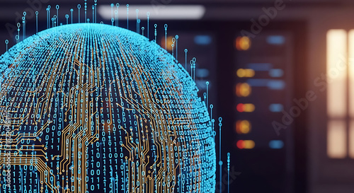A futuristic digital sphere representing artificial intelligence, big data processing, and global network connectivity in a high-tech lab.