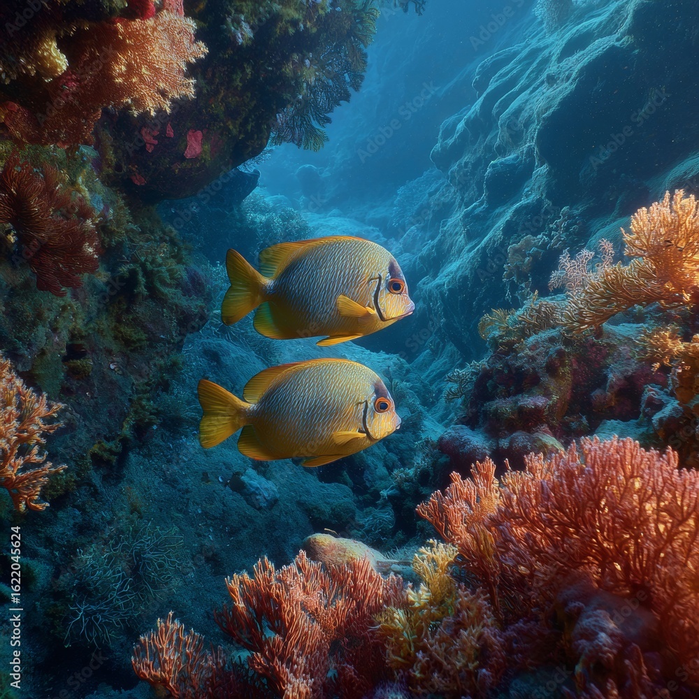 Obraz premium Vibrant Yellow Fish Swimming Among Colorful Coral Reef Life