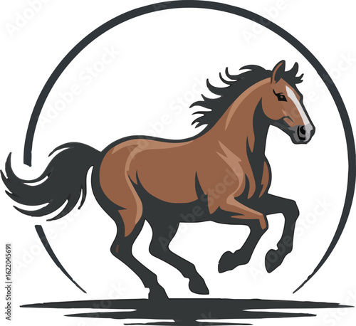 Majestic brown horse galloping within a circular frame
