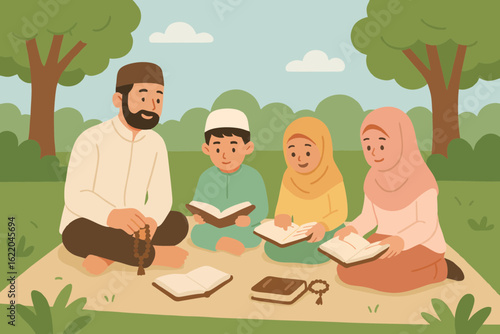 A heartwarming flat illustration of a Muslim family sitting on the grass in a peaceful park, reading and learning the Quran together. The father, mother, and children are wearing modest Islamic