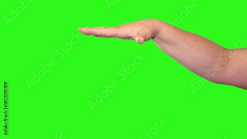 Hand sign of a male hand mic drop in front of a green background