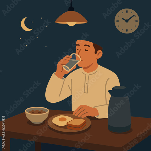 A flat vector illustration of a Muslim man eating suhoor before dawn during Ramadan. The scene shows traditional food, a glass of water, and a clock indicating early morning. Perfect for religious,
