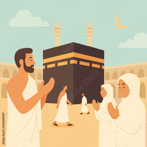 Flat vector illustration of Muslim man and woman praying in front of the Kaaba during Hajj pilgrimage in Mecca. Dressed in Ihram, with a calm sky and crescent moon, this artwork captures the spiritual