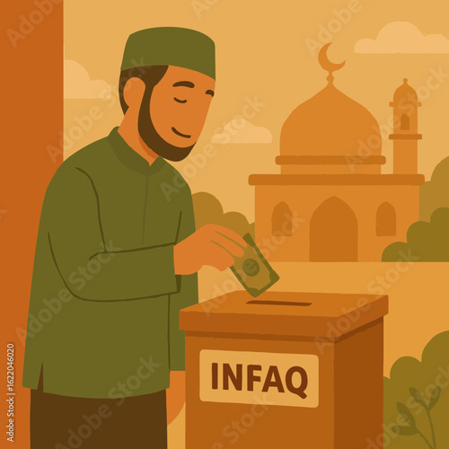 Muslim Man Giving Infaq Donation at Mosque – Islamic Charity Vector Illustration
