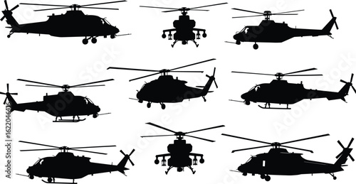 Military helicopter silhouettes collection, combat choppers black outline set, isolated aircraft vector bundle, war aviation shapes for design, illustration