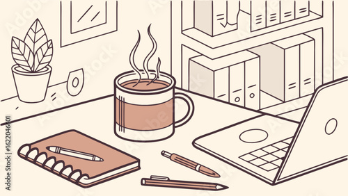 A cozy workspace featuring a laptop, coffee, and notebook, creating a productive and inviting atmosphere for work or study isolated on white background