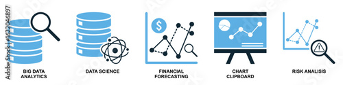 Set data analysis icon vector. Perfect for representing comprehensive data interpretation, statistical tools, or analytical processes