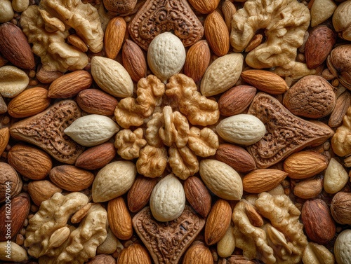 Decorative Mixed Nuts Arrangement with Almonds, Walnuts, Peanuts, and Cashews