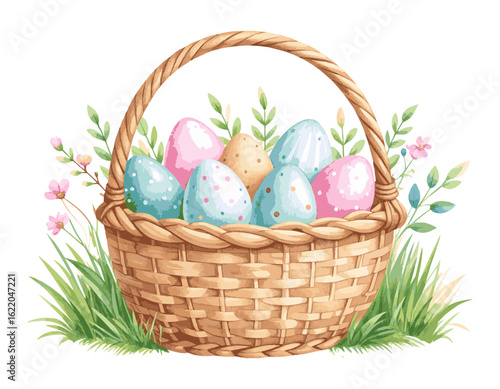 Charming watercolor Easter basket brimming with colorful painted eggs, nestled in vibrant green grass and delicate spring blossoms.