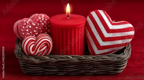 Red Love Hearts with Candle, and Warmth in Woven Basket.