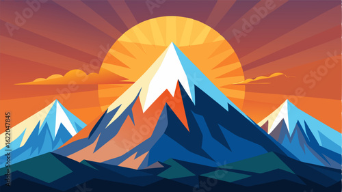 Snowcapped summits dominate the horizon reflecting the sunlight in a dazzling display.