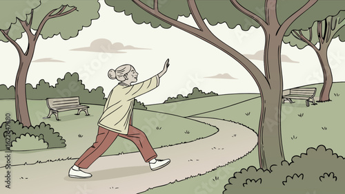 An elderly woman practices tai chi in a serene park, surrounded by lush trees and benches, promoting health, balance, and mindfulness in her daily activity