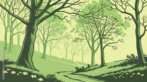 Serene Elm Forest with Tall Trees and Lush Greenery