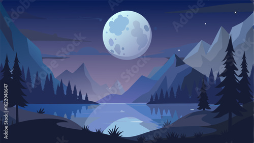 The full moon rises over the lake casting a silvery glow on the forest and creating a picturesque scene straight from a fairytale.