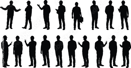 Silhouette construction workers in hard hats, standing and discussing, vector builder poses, engineer gestures, industrial teamwork icons, black illustration