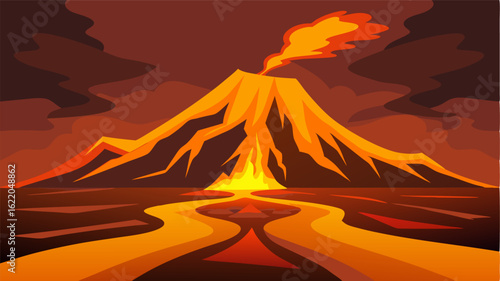 The ground rumbles beneath your feet as molten lava flows down the side of the volcano creating a fiery river.