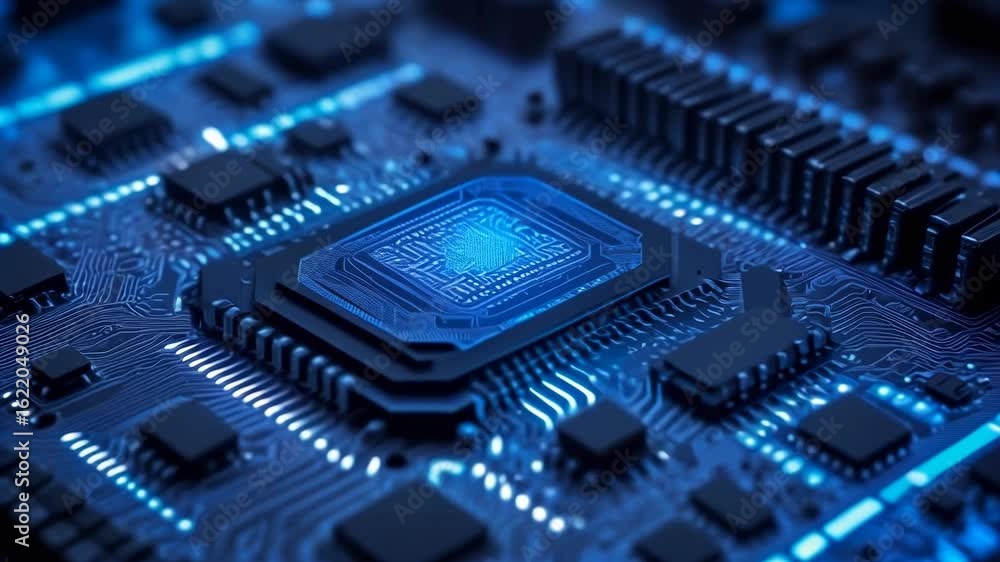 Blue glowing microchip and electronic component circuit board showcasing advanced edge technology with AI processor innovation futuristic design Blue glowing microchip and electronic component circuit board showcasing advanced edge technology with AI processor innovation futuristic design