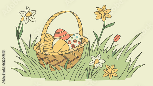 An easter basket filled with colorful eggs surrounded by flowers and grass, celebrating the spring holiday with joy and renewal isolated on white background